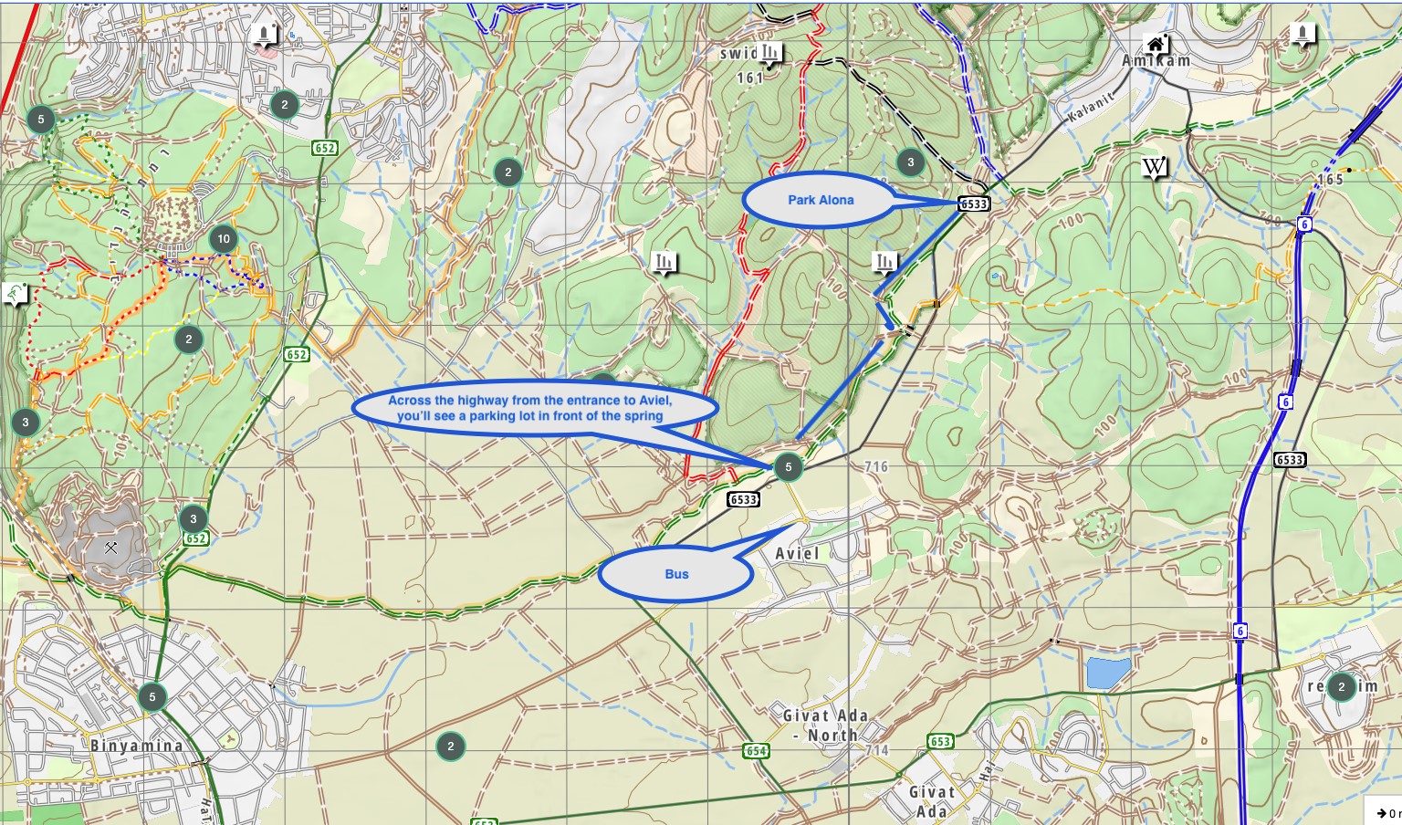 Map of Ein Aviel and Park Alona near Binyamina