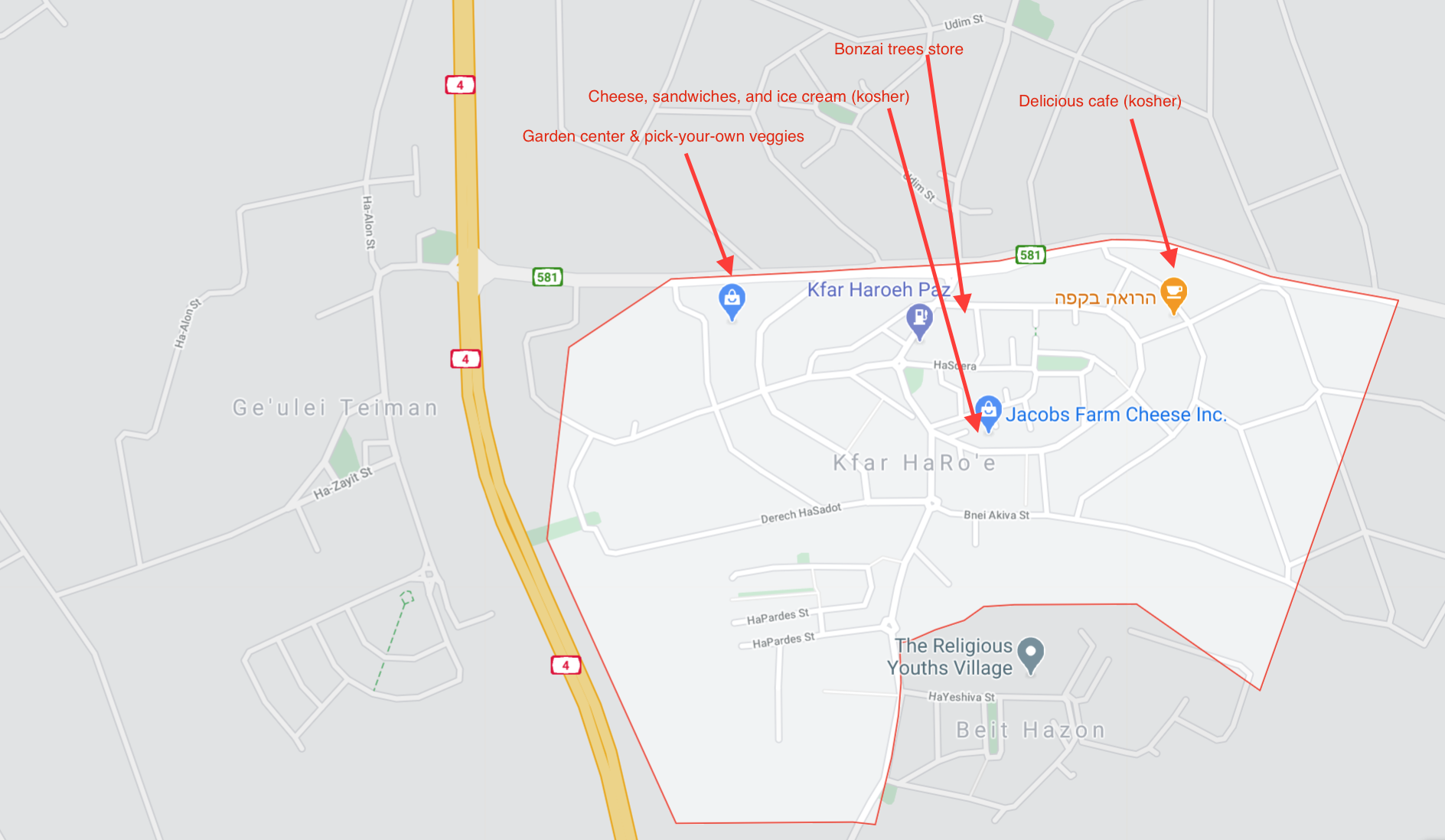 Map of Kfar HaRoeh showing garden center, Jacobs Farm Cheese, and nearby food stops